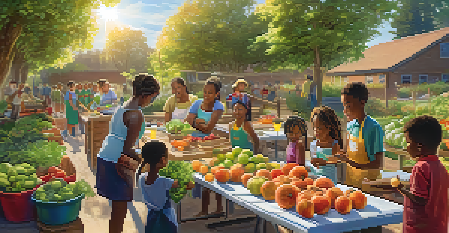Youth participating in a cooking demonstration in a community garden, surrounded by colorful fruits and vegetables, with an instructor guiding them.