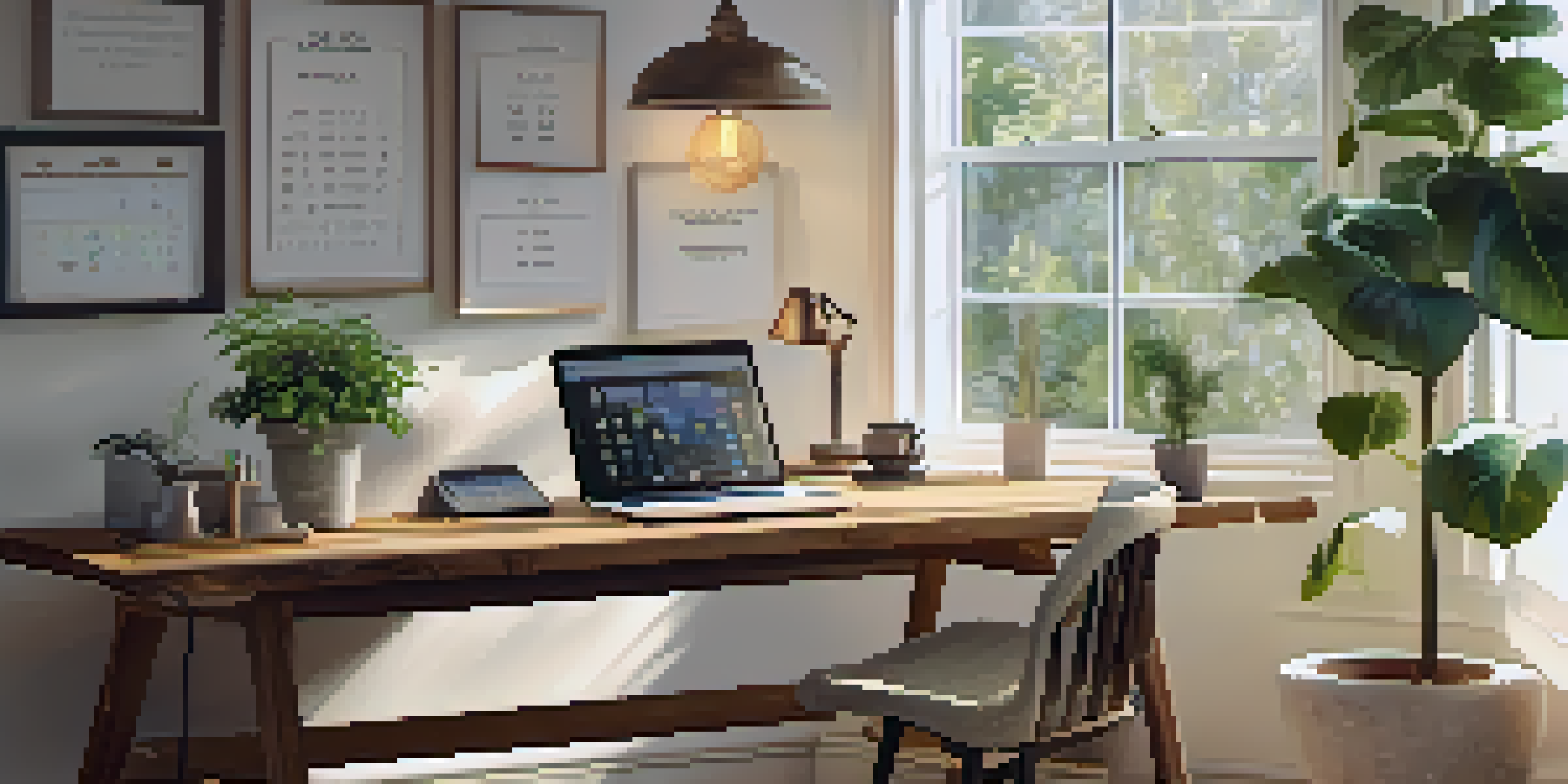 A cozy home office with a wooden desk, laptop, potted plant, and coffee cup, illuminated by natural light from a window.
