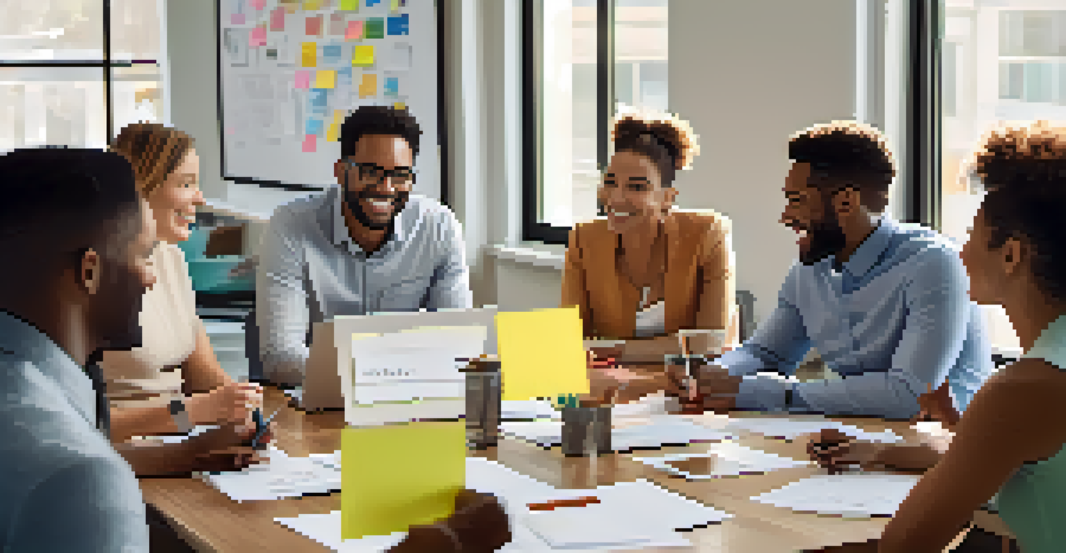 A group of colleagues expressing gratitude in a bright office environment, smiling and engaged in discussion.