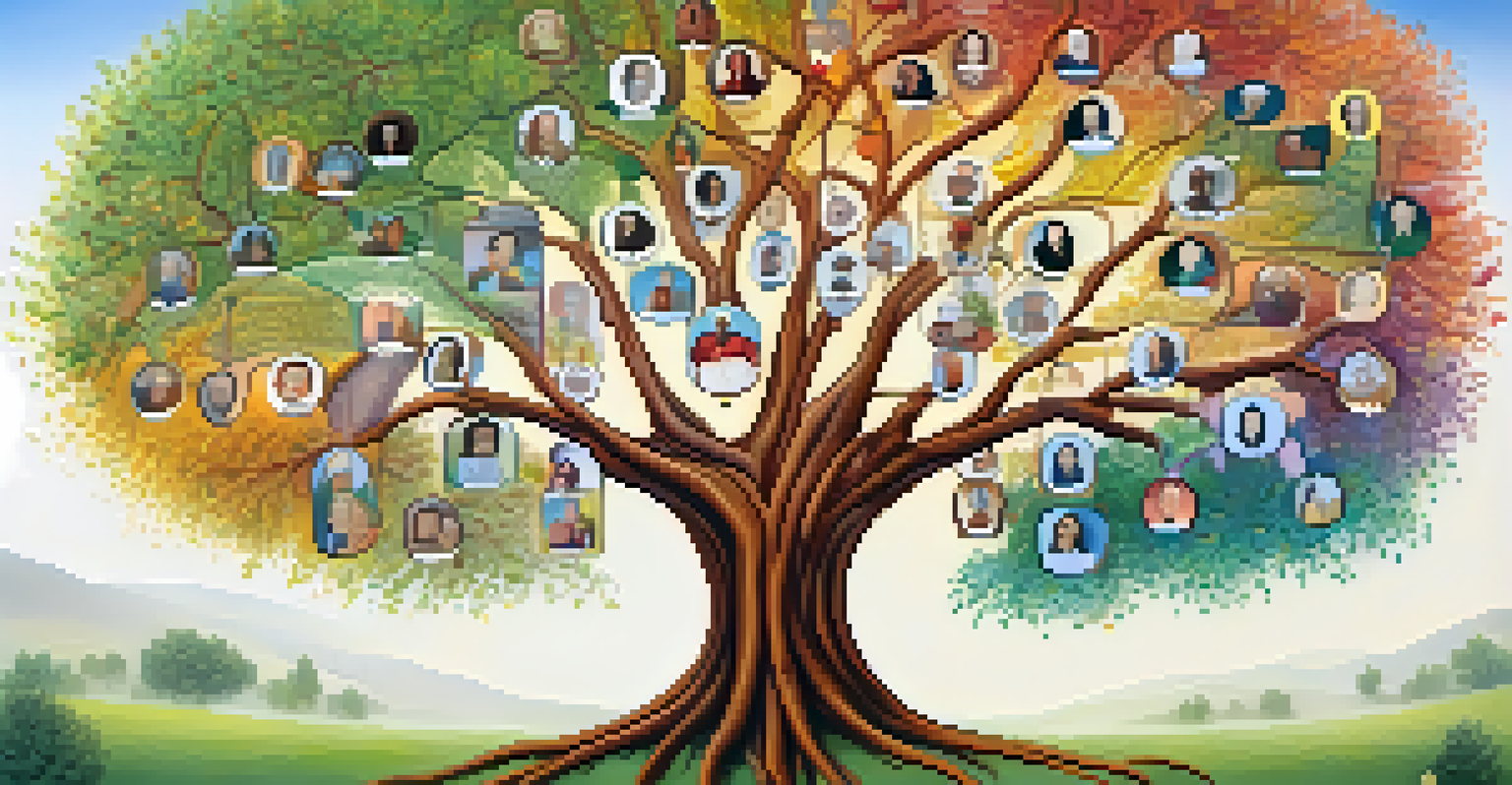 A colorful family health tree showing various health histories connected through branches in a tranquil natural setting.