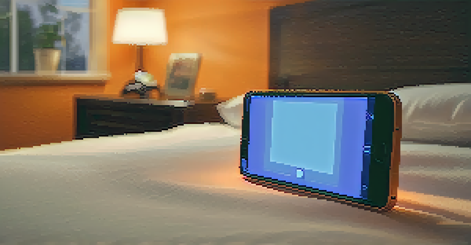 A smartphone with a blue light filter app displayed, set against a warm bedroom background, highlighting the importance of reducing blue light before sleep.