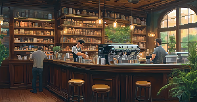 A barista making coffee in a warm, inviting coffee shop with wooden decor and patrons enjoying their drinks.