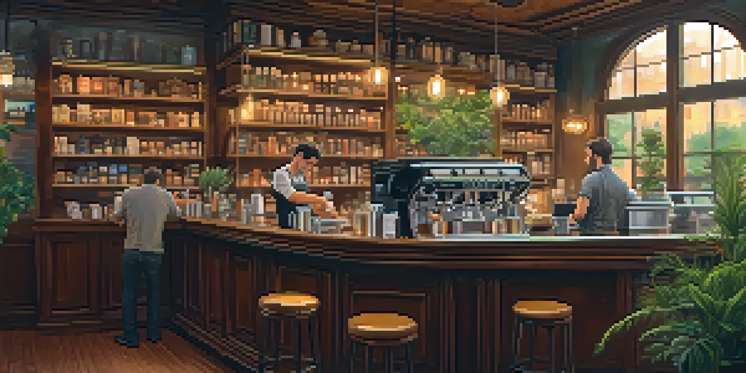A barista making coffee in a warm, inviting coffee shop with wooden decor and patrons enjoying their drinks.