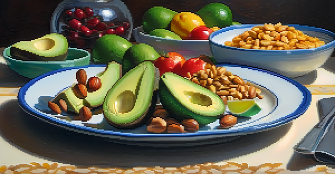 A colorful plate filled with healthy foods like avocados, nuts, and vegetables, illuminated by natural light.