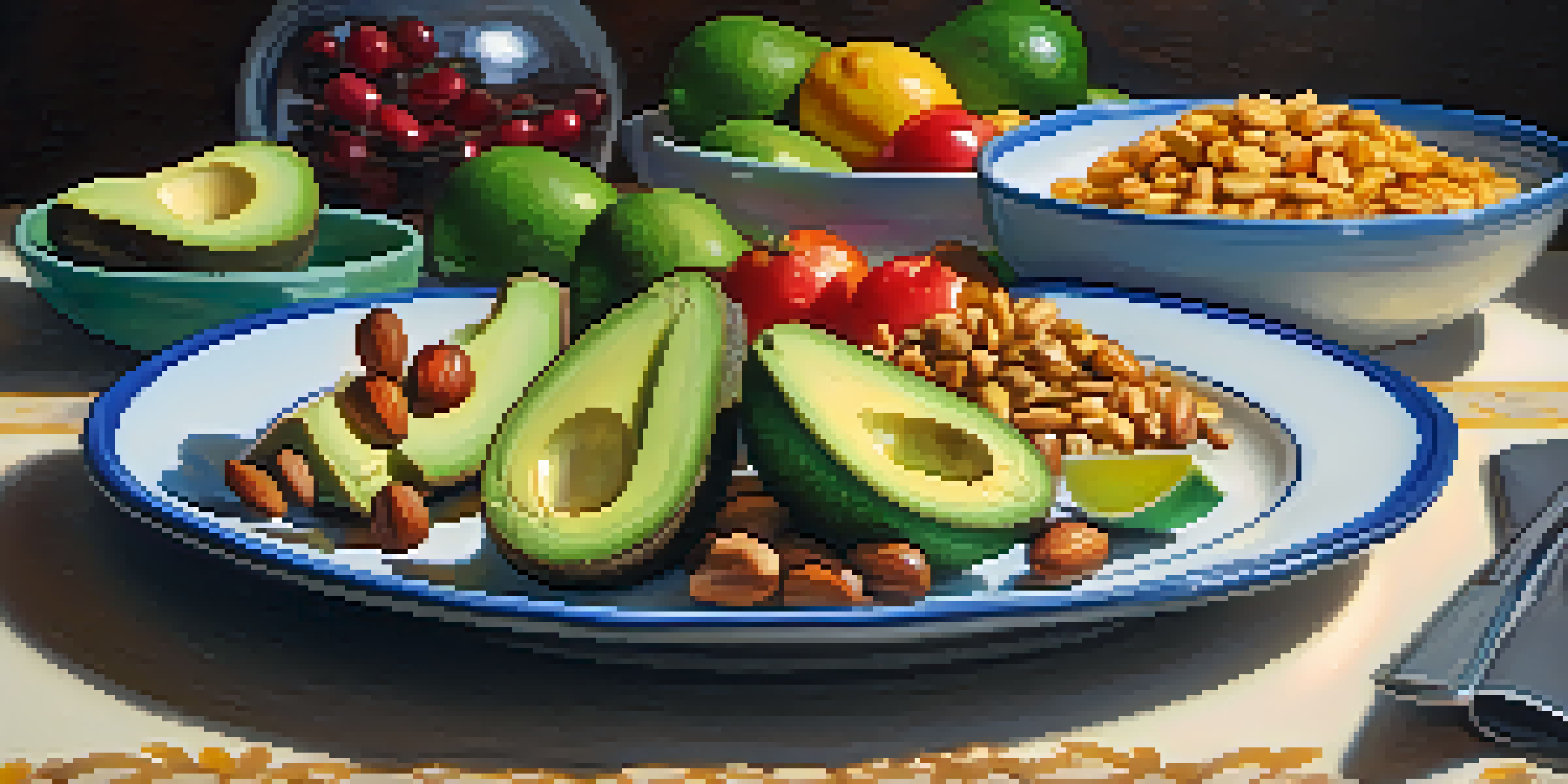 A colorful plate filled with healthy foods like avocados, nuts, and vegetables, illuminated by natural light.