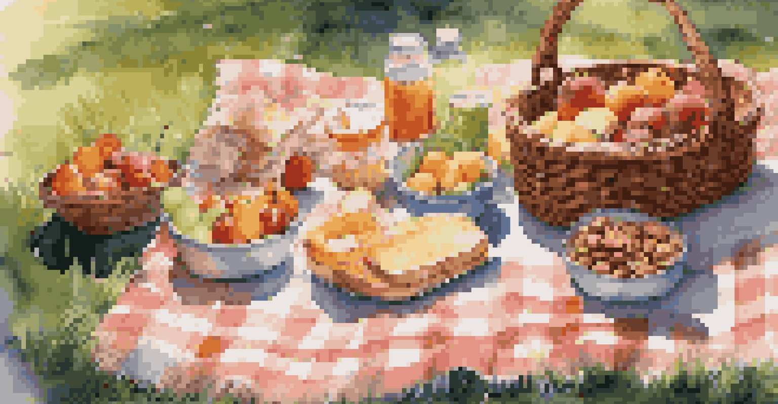 A picnic setup on green grass with a checkered blanket, a basket filled with healthy snacks, and sunlight creating a warm atmosphere.
