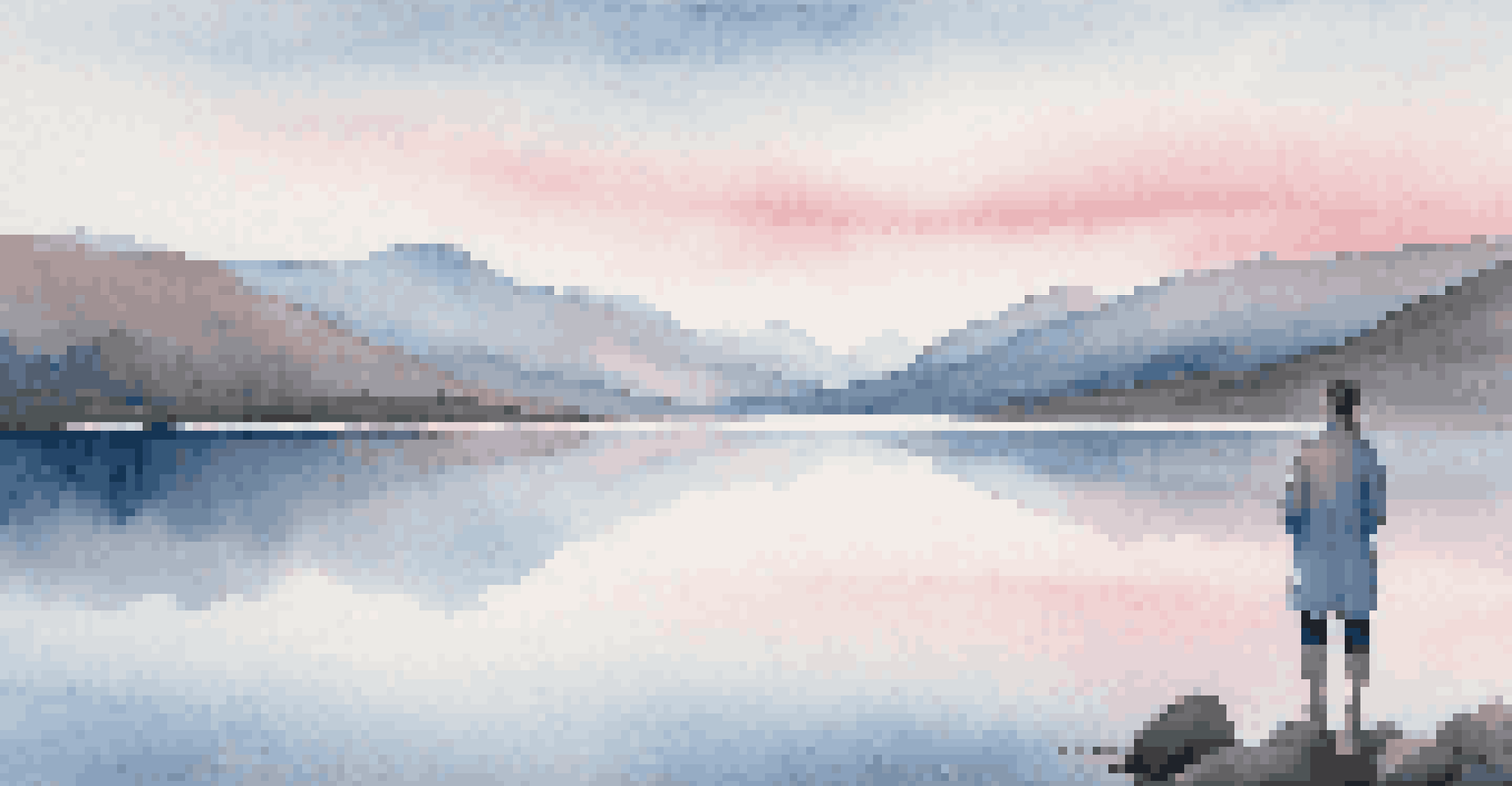 A person looking at a calm lake reflecting mountains at sunrise, evoking a sense of curiosity about nature.