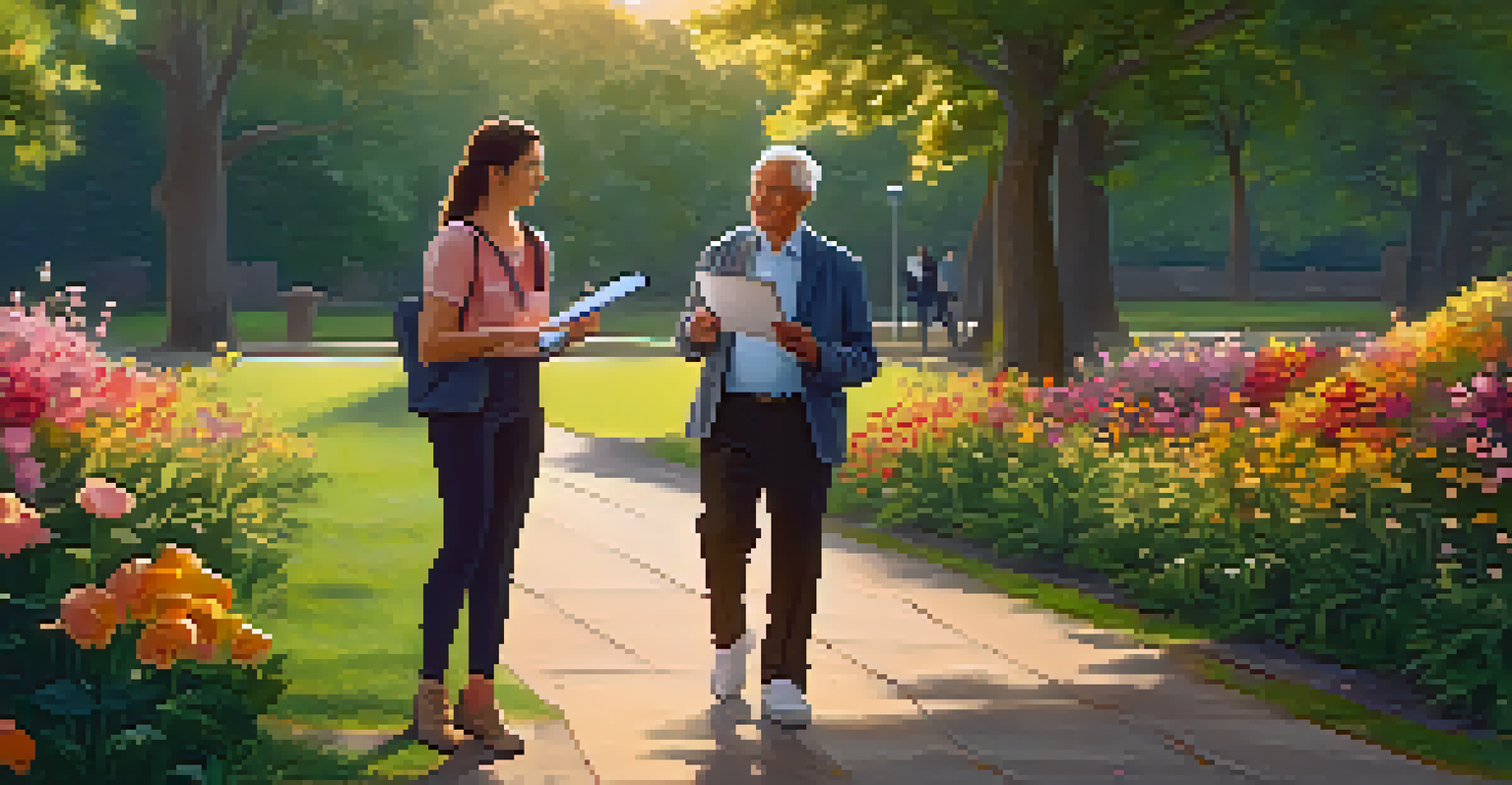 A health coach conducts a walking session with a client in a park during sunset, surrounded by greenery and flowers.