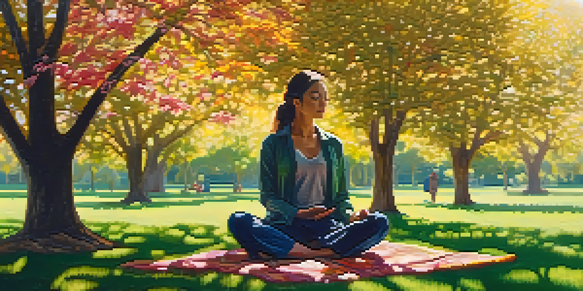 A person practicing mindfulness in a green park, surrounded by flowers and sunlight filtering through the trees.