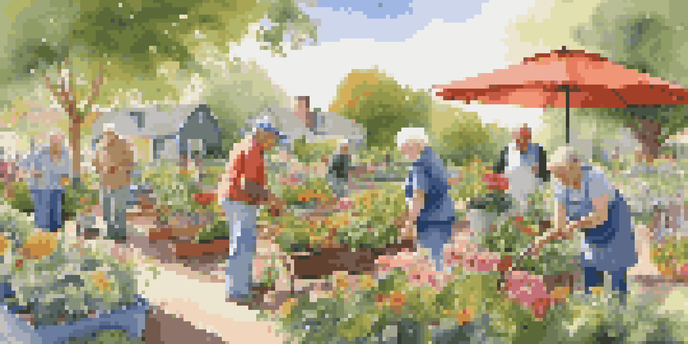 Seniors participating in a community gardening activity, with colorful flowers and vegetables in a lush garden under a bright blue sky.