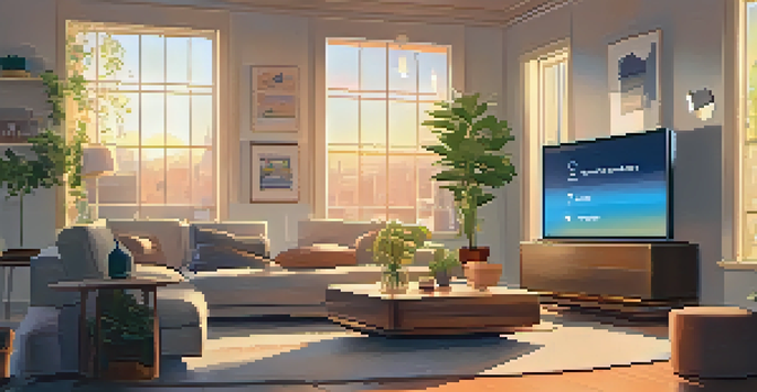 A warm and inviting living room showcasing various smart home devices like a smart speaker and smart thermostat, with sunlight streaming in and indoor plants.