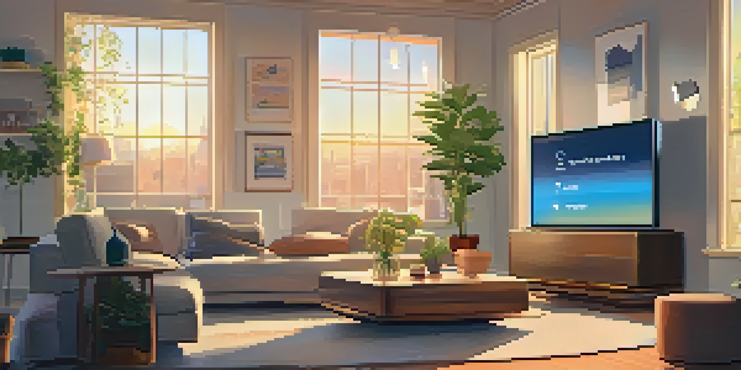 A warm and inviting living room showcasing various smart home devices like a smart speaker and smart thermostat, with sunlight streaming in and indoor plants.