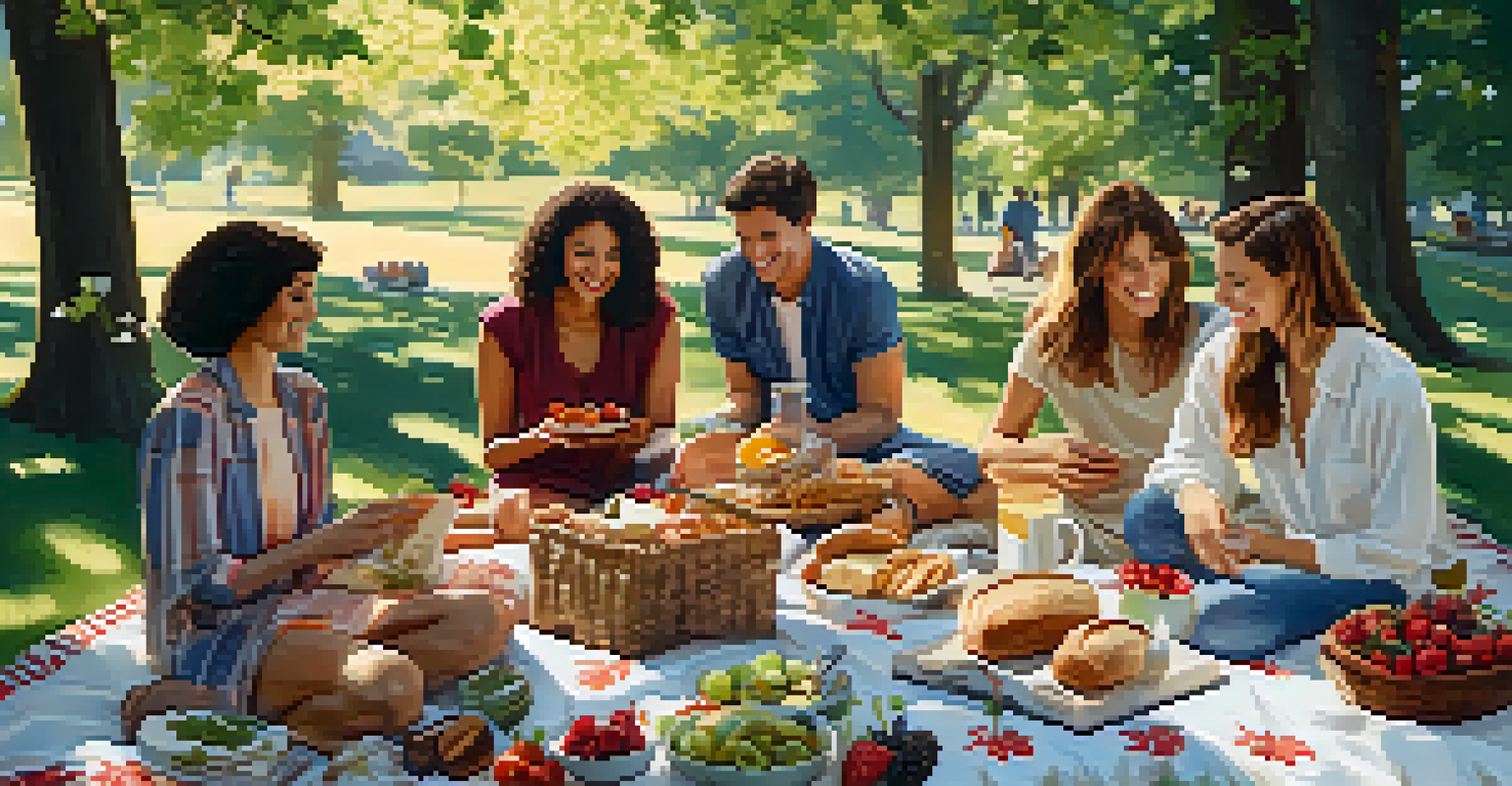 A cheerful picnic in a park with friends enjoying seasonal foods like berries and bread on a sunny day.