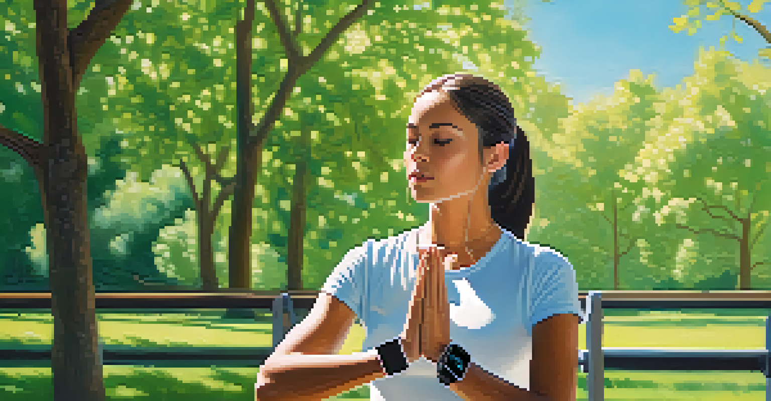 A person meditating in a park, wearing a fitness tracker, surrounded by nature.