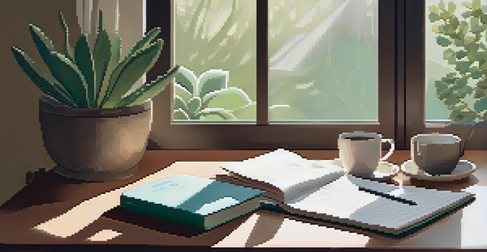 A well-organized desk workspace with a planner, coffee cup, and plant, illuminated by soft morning light.