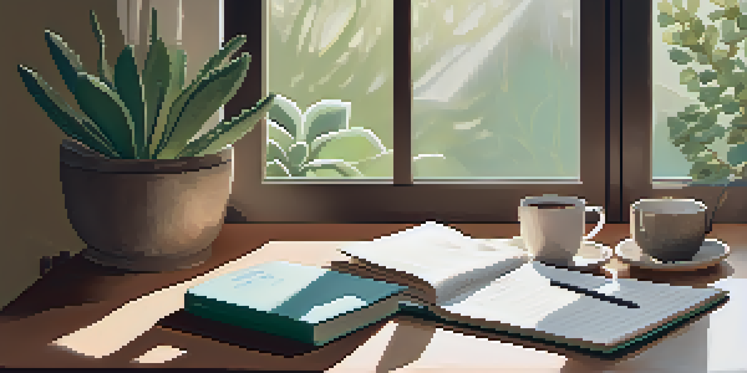 A well-organized desk workspace with a planner, coffee cup, and plant, illuminated by soft morning light.