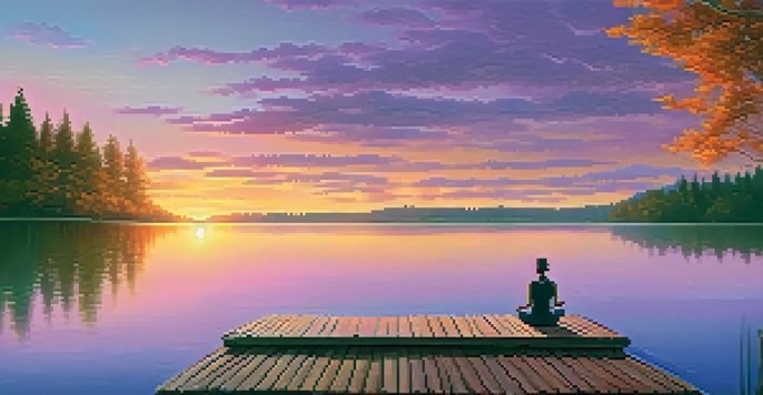 A peaceful lake at sunset with a person meditating on a dock.