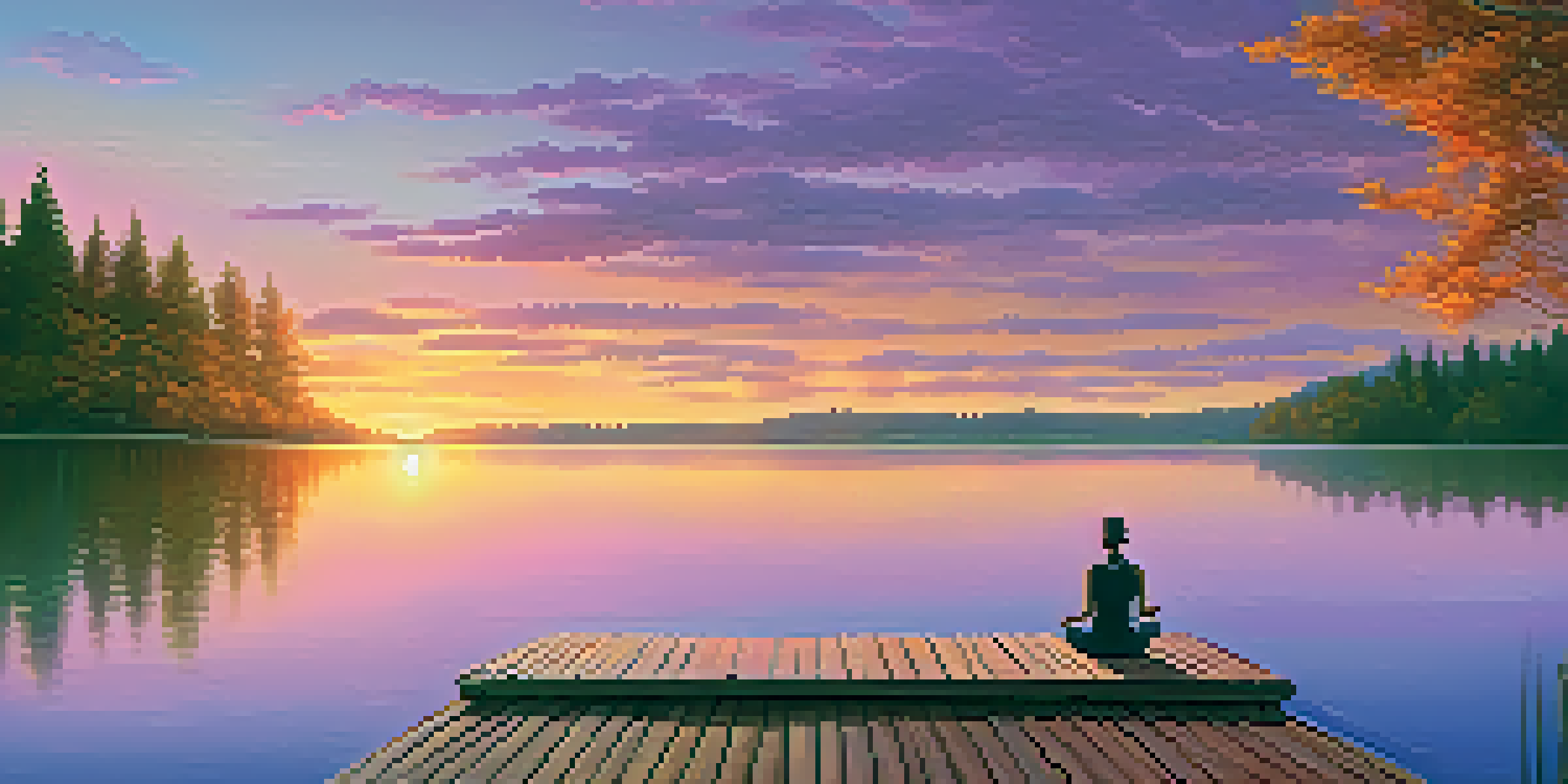 A peaceful lake at sunset with a person meditating on a dock.