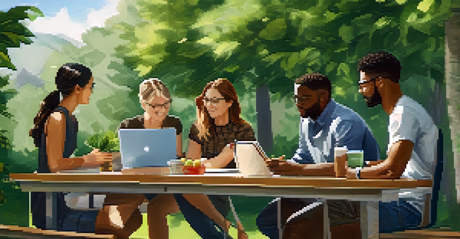 A group of diverse professionals having a meeting outdoors at a picnic table, with laptops and notebooks, surrounded by trees and greenery.