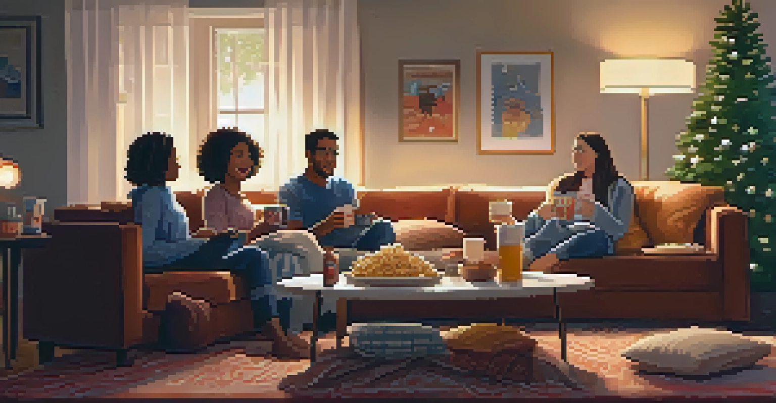 A family enjoying a movie night in a cozy living room, sitting together on a sofa with popcorn and snacks.