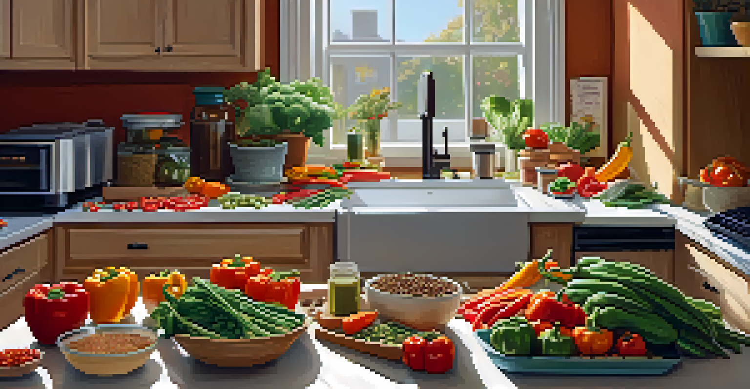 A person preparing healthy meals with whole foods in a bright kitchen, surrounded by fresh ingredients and meal prep containers.