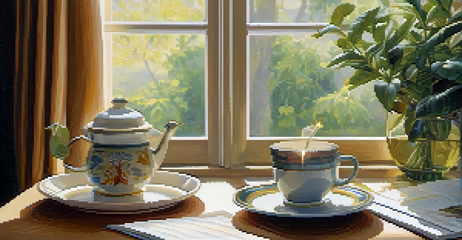 A new mother journaling at a table with a cup of tea, in a softly lit room with a garden view.