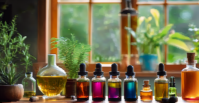 A calming scene with a diffuser on a wooden table surrounded by colorful essential oil bottles and plants in a softly lit room.