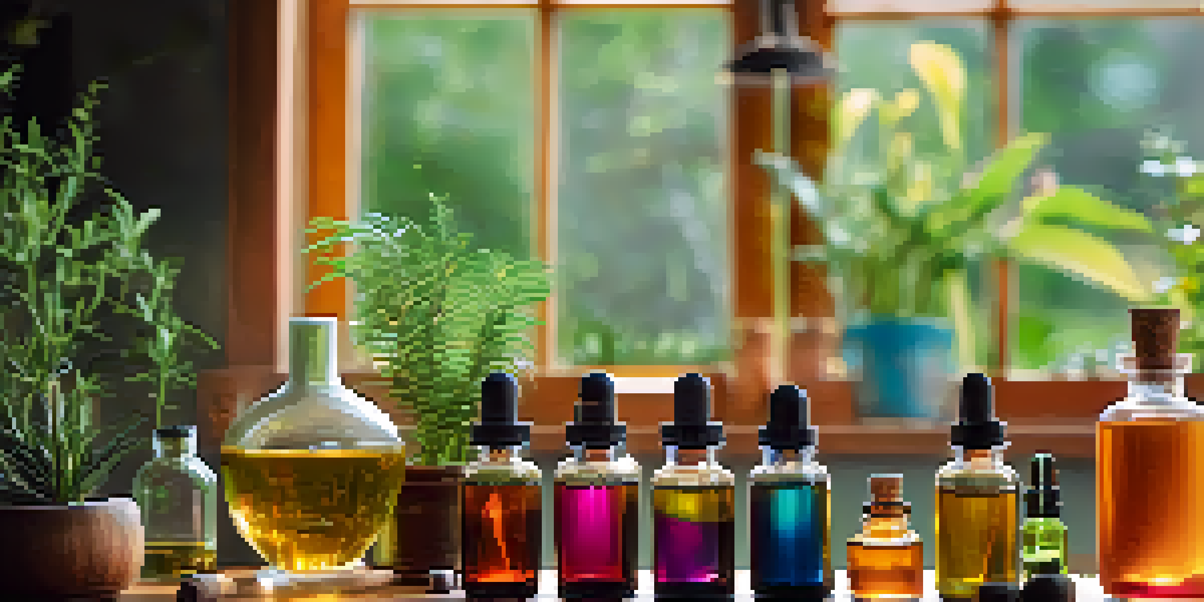 A calming scene with a diffuser on a wooden table surrounded by colorful essential oil bottles and plants in a softly lit room.