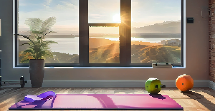 A well-lit home gym with a yoga mat, dumbbells, a fitness tracker, and a water bottle, complemented by sunlight and a motivational poster.