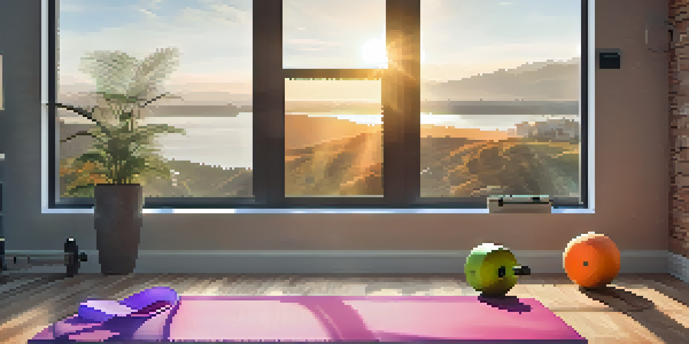 A well-lit home gym with a yoga mat, dumbbells, a fitness tracker, and a water bottle, complemented by sunlight and a motivational poster.
