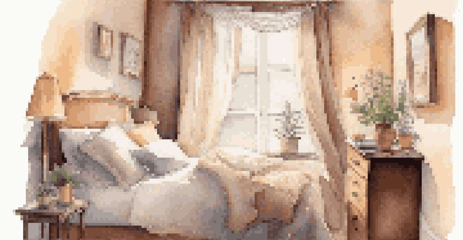 A cozy bedroom with a comfortable bed, soft pillows, and sunlight filtering through sheer curtains.