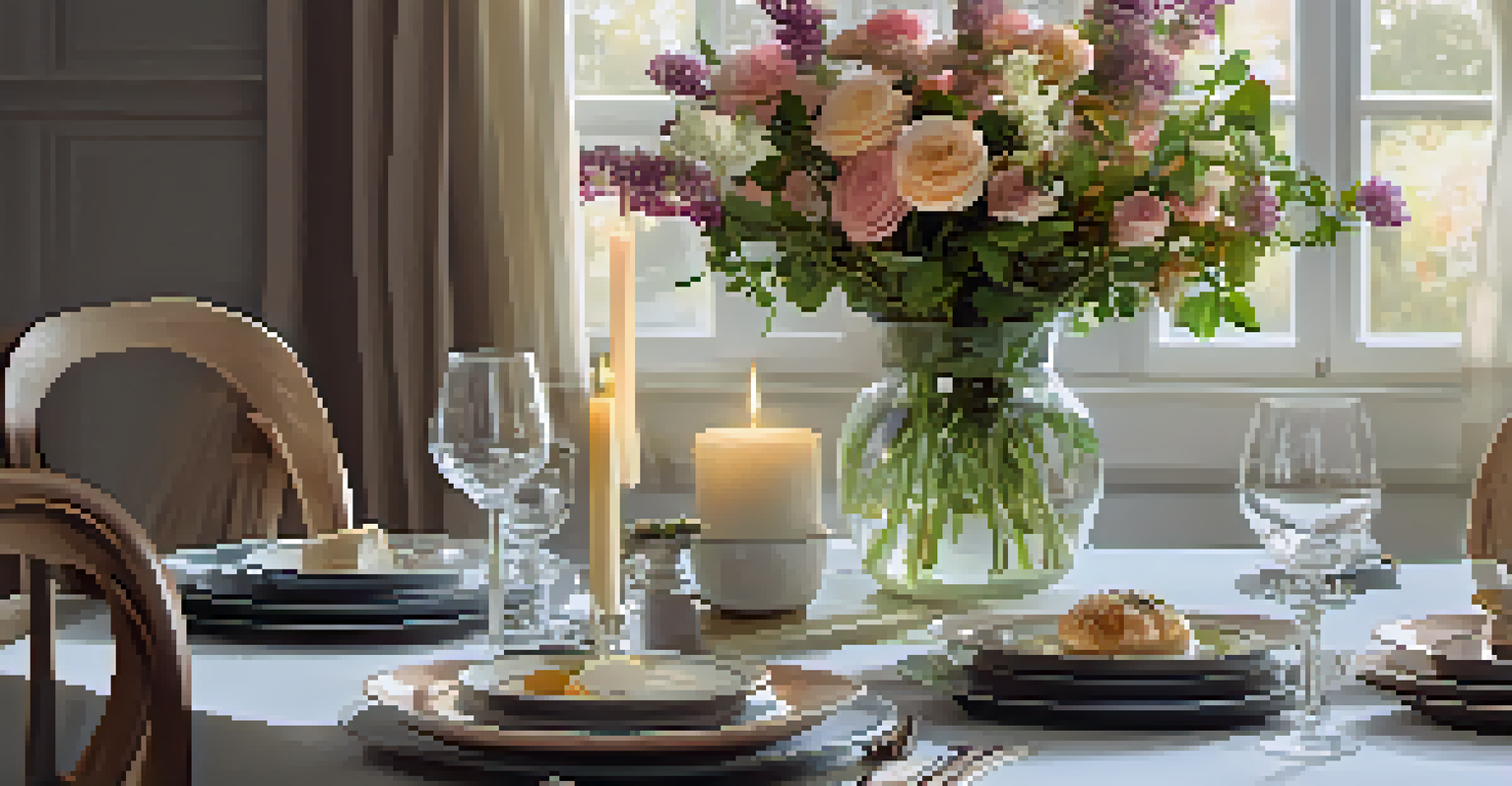 A cozy and elegant dining table set up for mindful eating, with soft candlelight and fresh flowers.