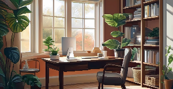 A cozy home office with a wooden desk, laptop, soft lighting, and houseplants, illustrating a balanced work environment.