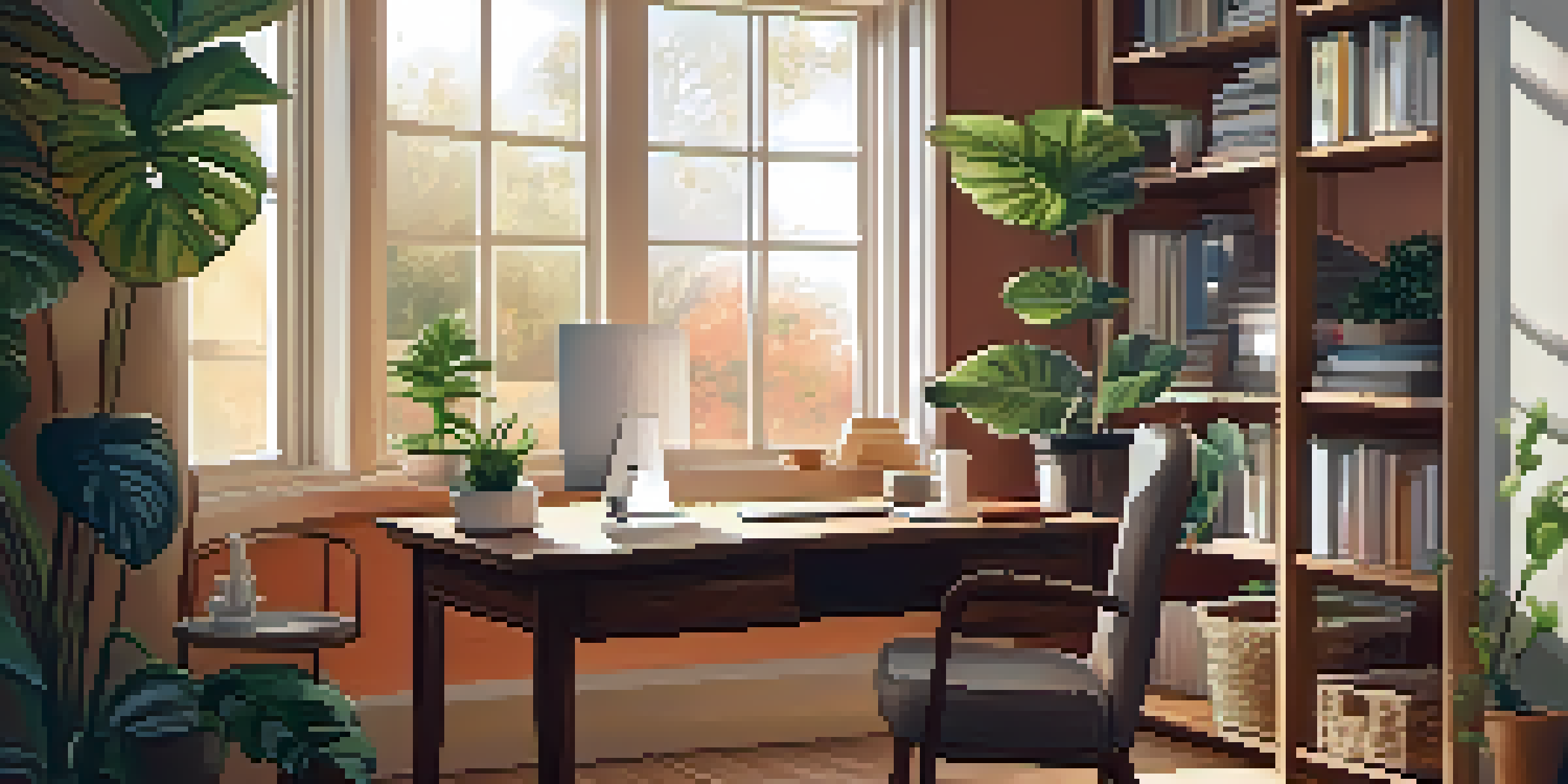 A cozy home office with a wooden desk, laptop, soft lighting, and houseplants, illustrating a balanced work environment.