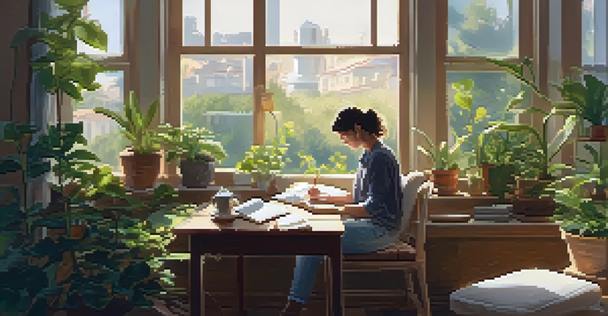 A person journaling in a cozy, sunlit room surrounded by plants and cushions, with a cup of tea nearby.