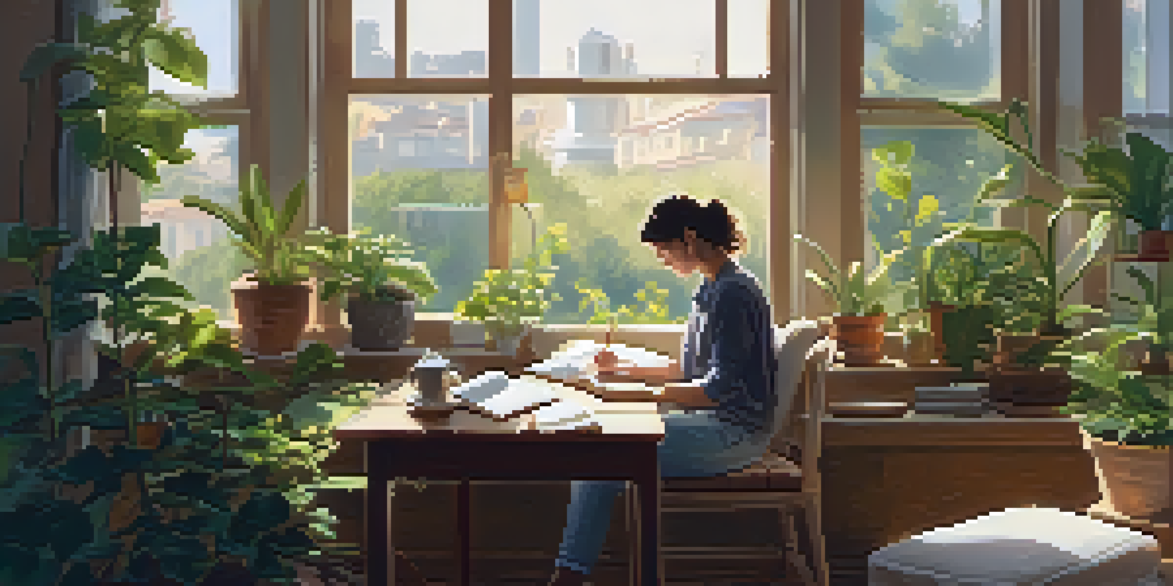 A person journaling in a cozy, sunlit room surrounded by plants and cushions, with a cup of tea nearby.
