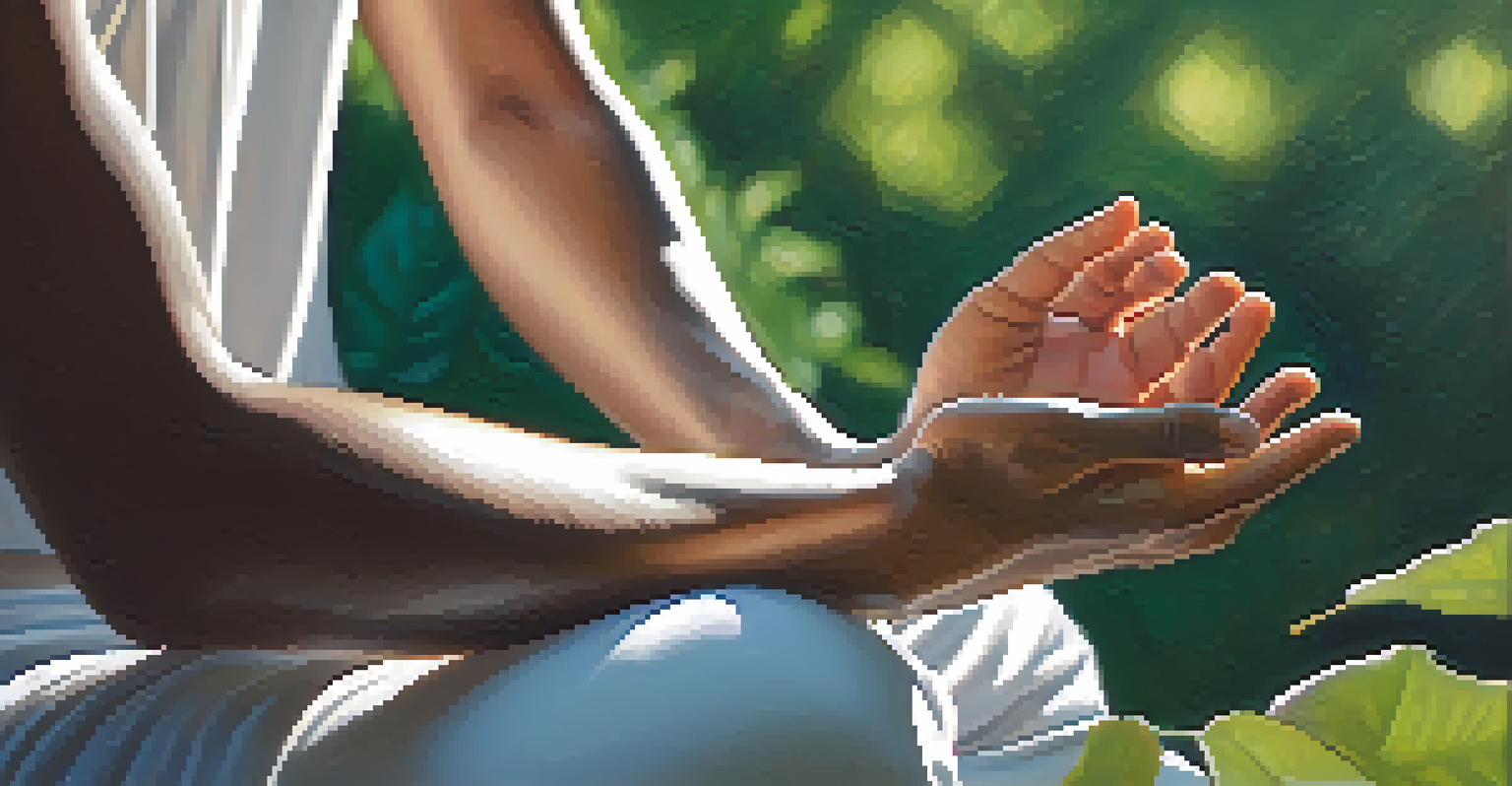 Close-up of a person's hands resting on their knees in a peaceful outdoor meditation setting.