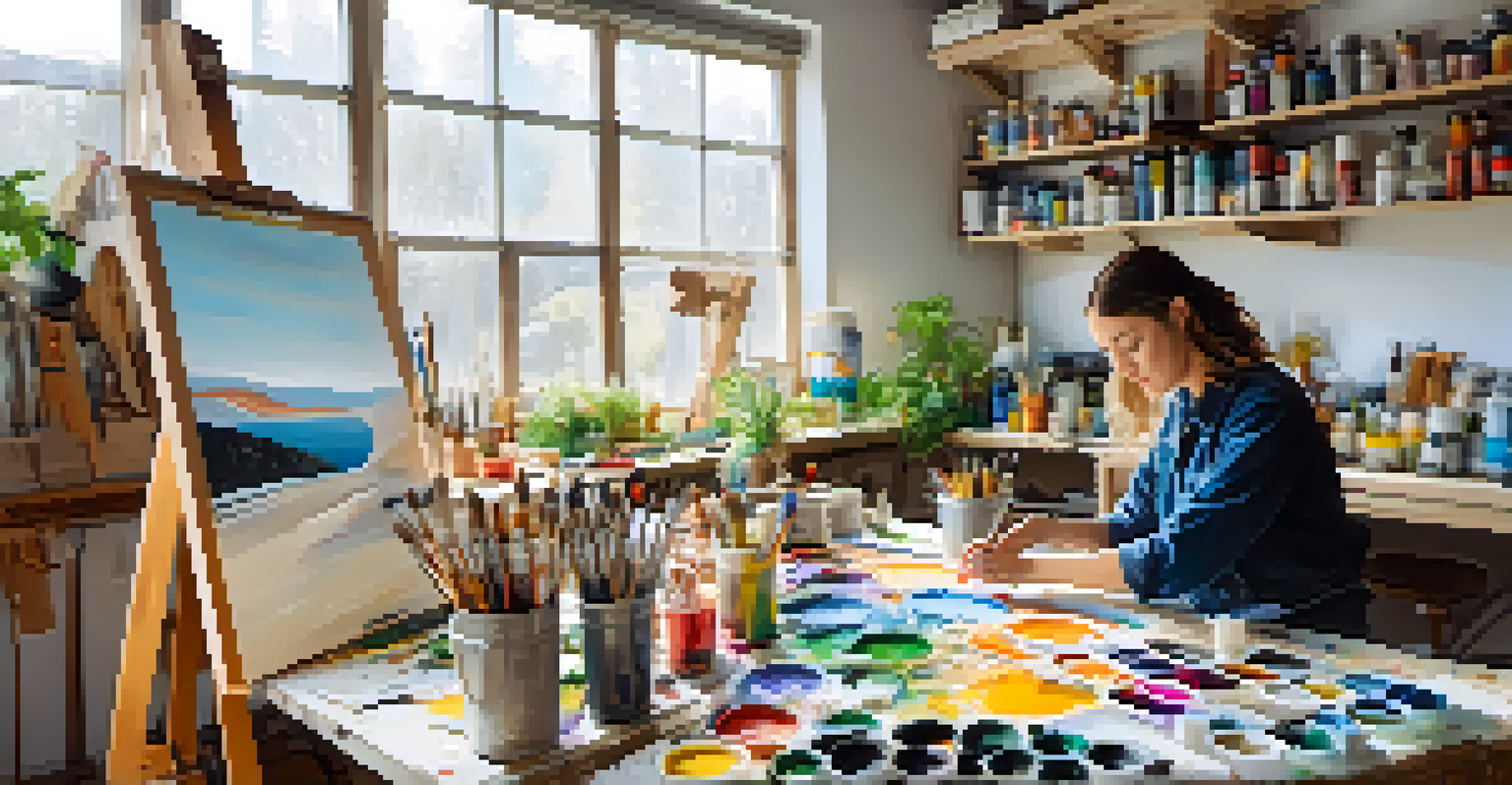 An artist in a bright studio creating art from recycled materials, surrounded by colorful paints and natural objects.