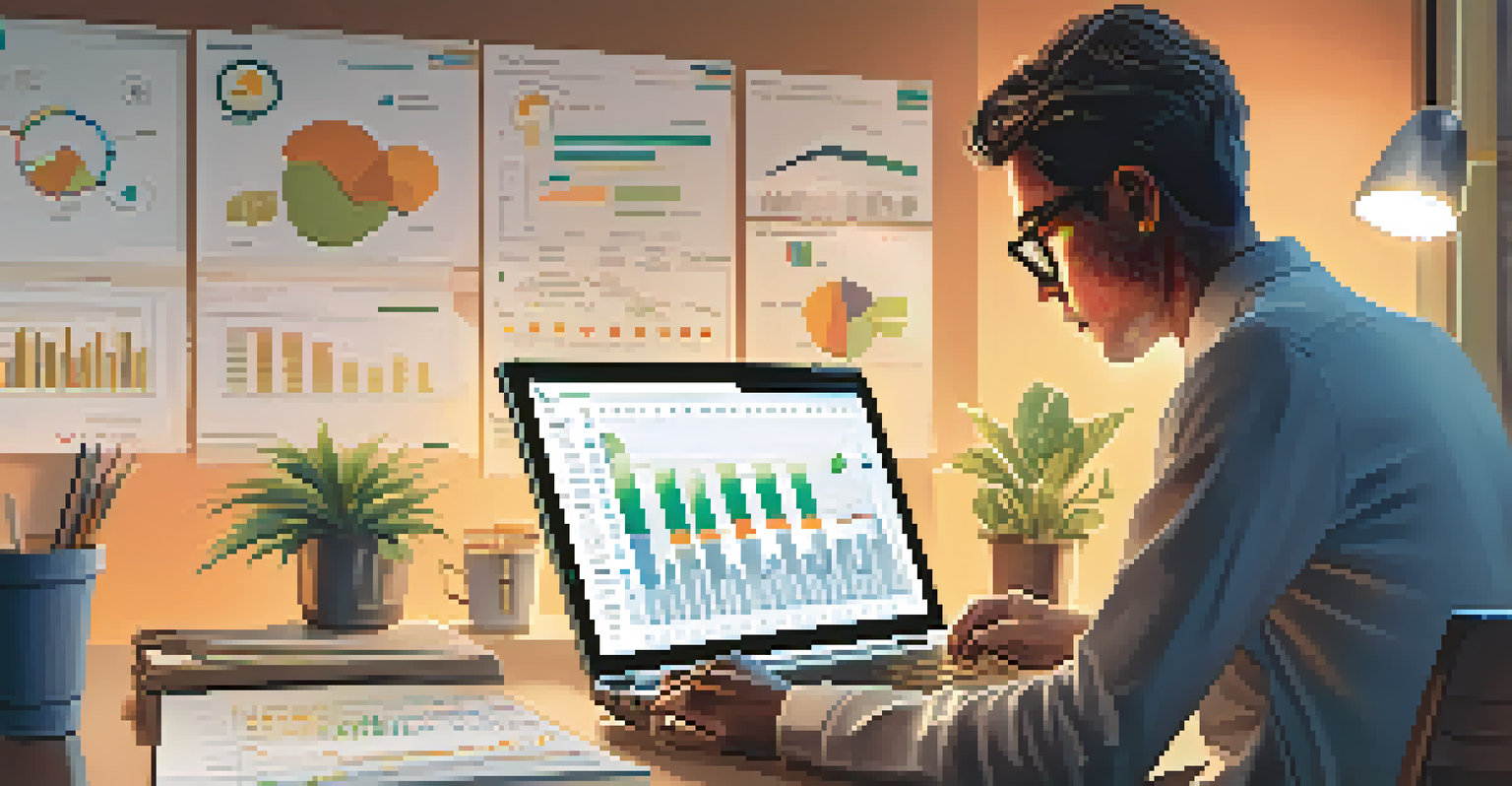 A researcher analyzing health data on a laptop with printed charts and graphs on the table in a modern office setting.