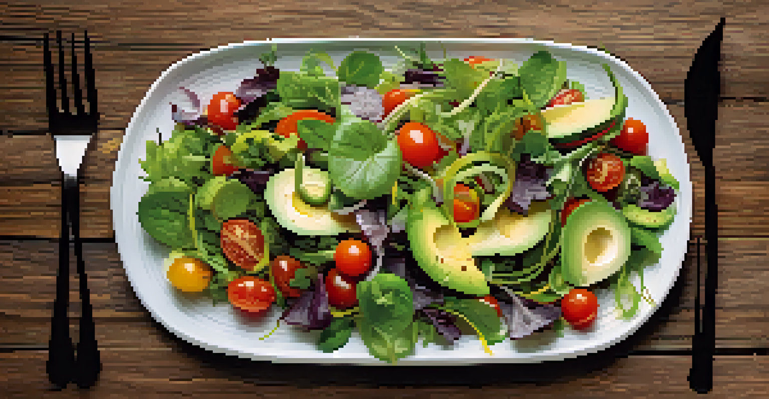 A colorful salad on a rustic wooden table, featuring greens, cherry tomatoes, cucumbers, and avocado with a fork beside it.