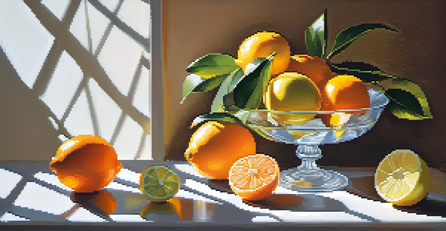 A colorful display of citrus fruits next to a glass diffuser, with sunlight creating a bright atmosphere.