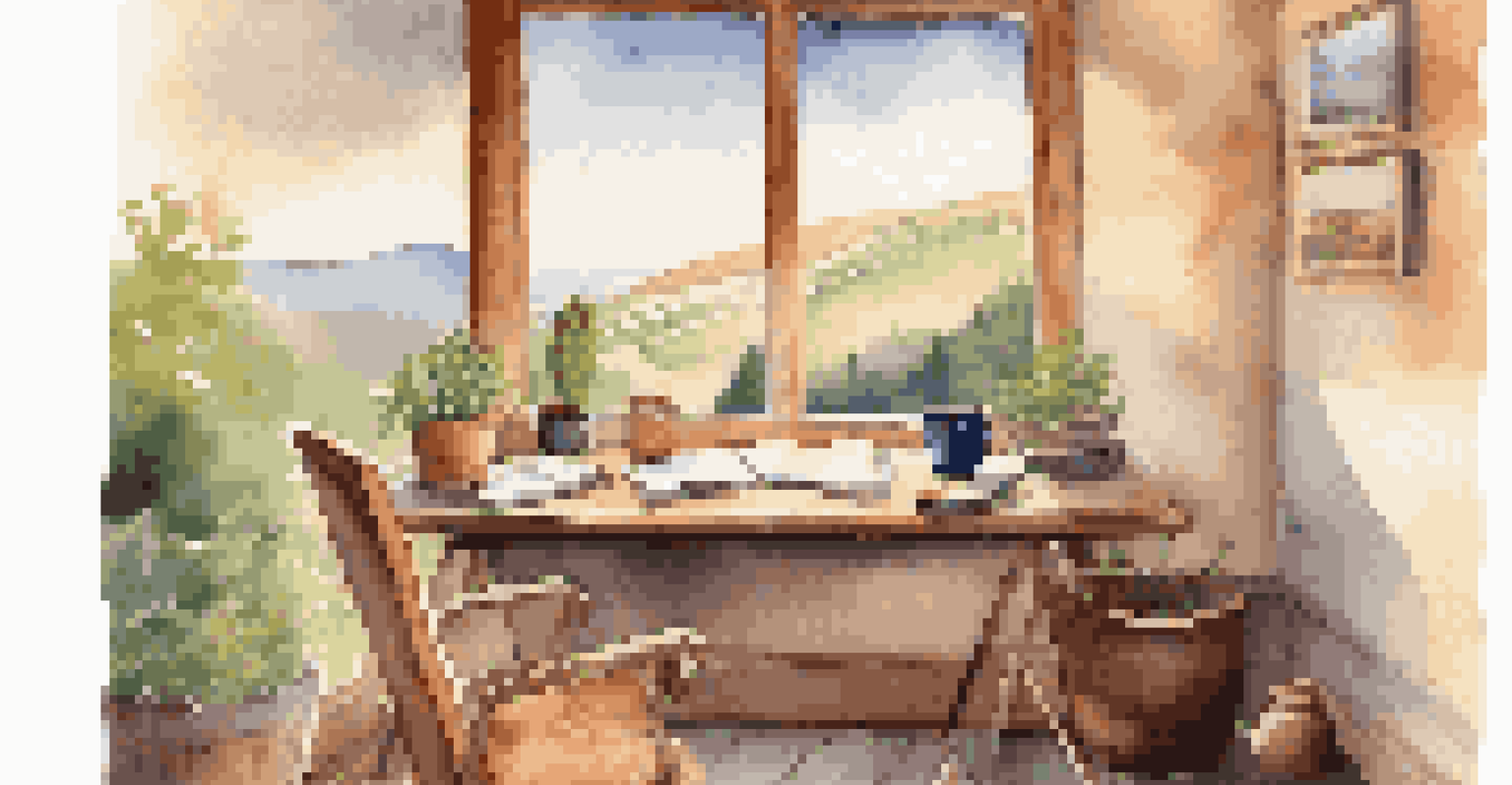 A cozy workspace with a chair, a cup of tea, an open journal, and a view of rolling hills.