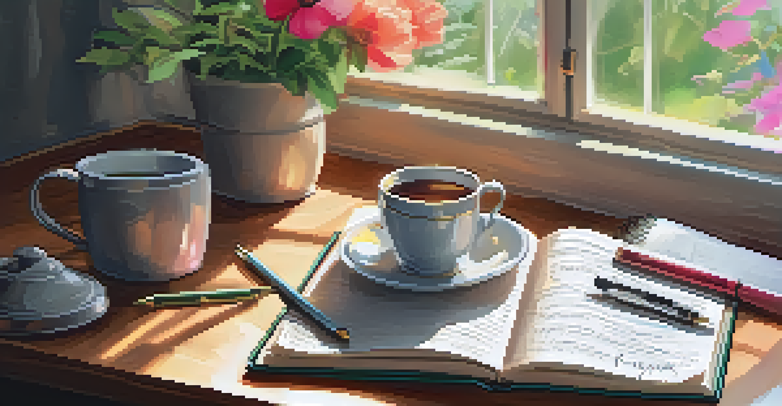 A hand writing in a journal next to a cup of tea, with notes about time management and a view of a garden outside.