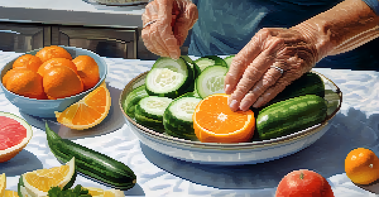 Close-up of a senior's hands holding a glass of water, with water-rich fruits and vegetables on the counter, emphasizing hydration.