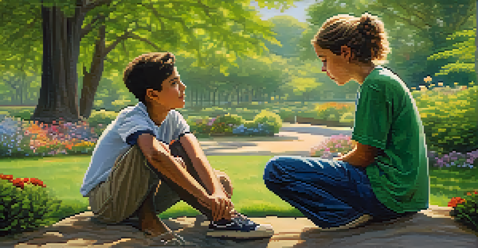 A young person helping a peer in a park, showing compassion and empathy in a supportive outdoor environment.