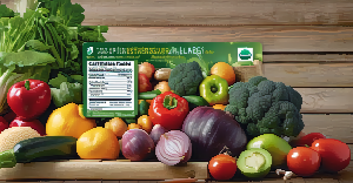 A close-up of a sustainable nutrition label on an organic produce package, surrounded by fresh fruits and vegetables on a wooden table.