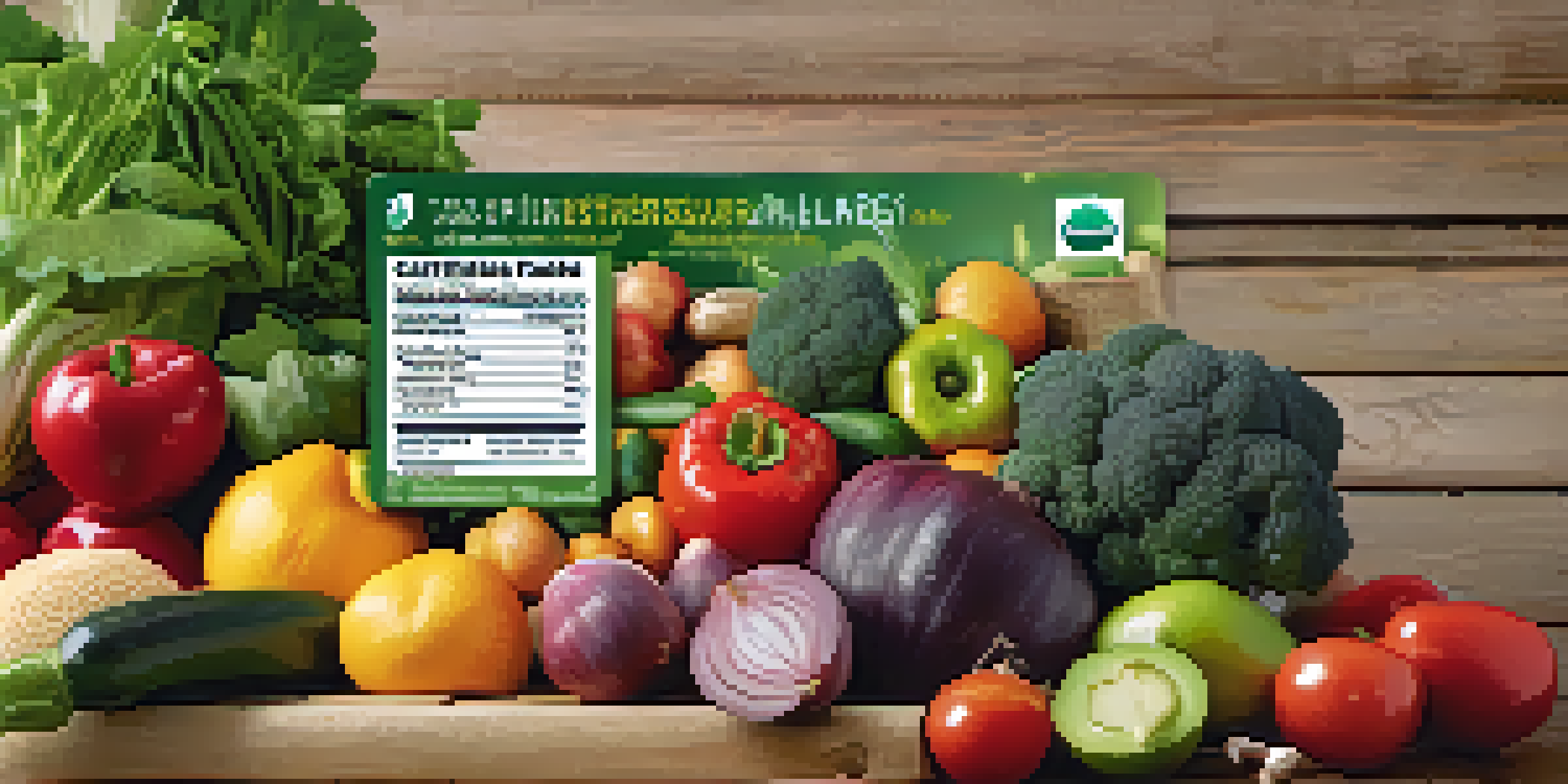 A close-up of a sustainable nutrition label on an organic produce package, surrounded by fresh fruits and vegetables on a wooden table.