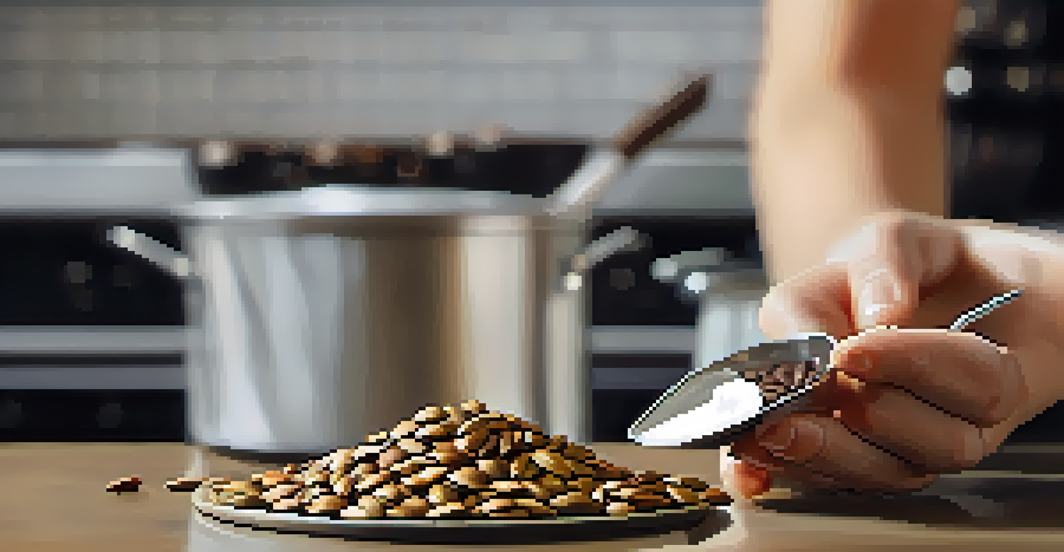 A hand holding pumpkin seeds and dark chocolate pieces, showcasing their textures against a softly blurred kitchen countertop background.