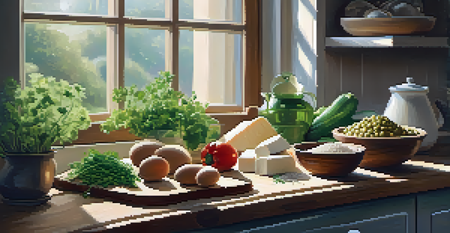 A wooden cutting board displaying quinoa, tofu, and legumes with sunlight streaming through a kitchen window.