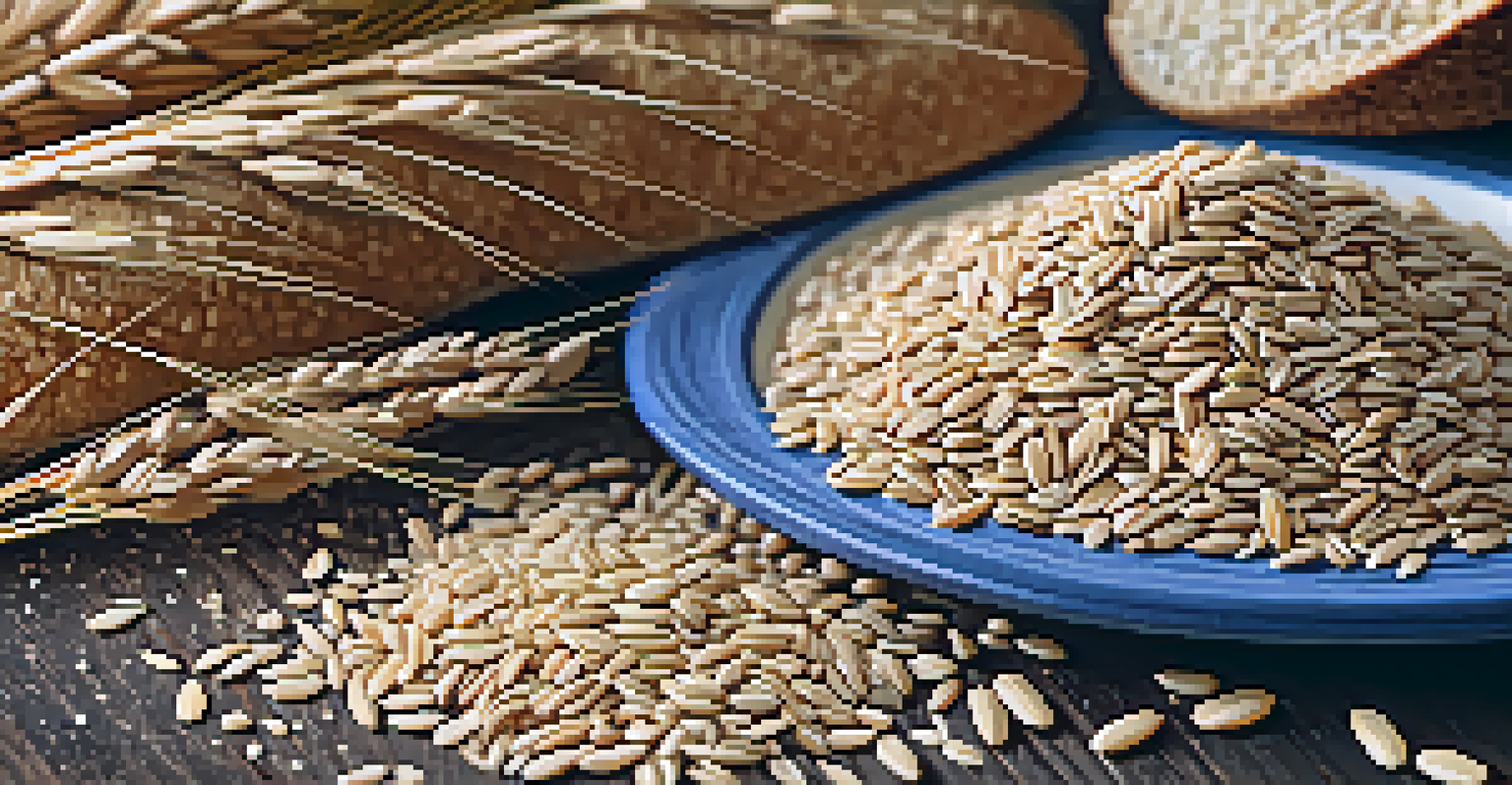 A close-up of various whole grains like brown rice, quinoa, and whole wheat bread on a wooden board, with seeds and oats nearby.